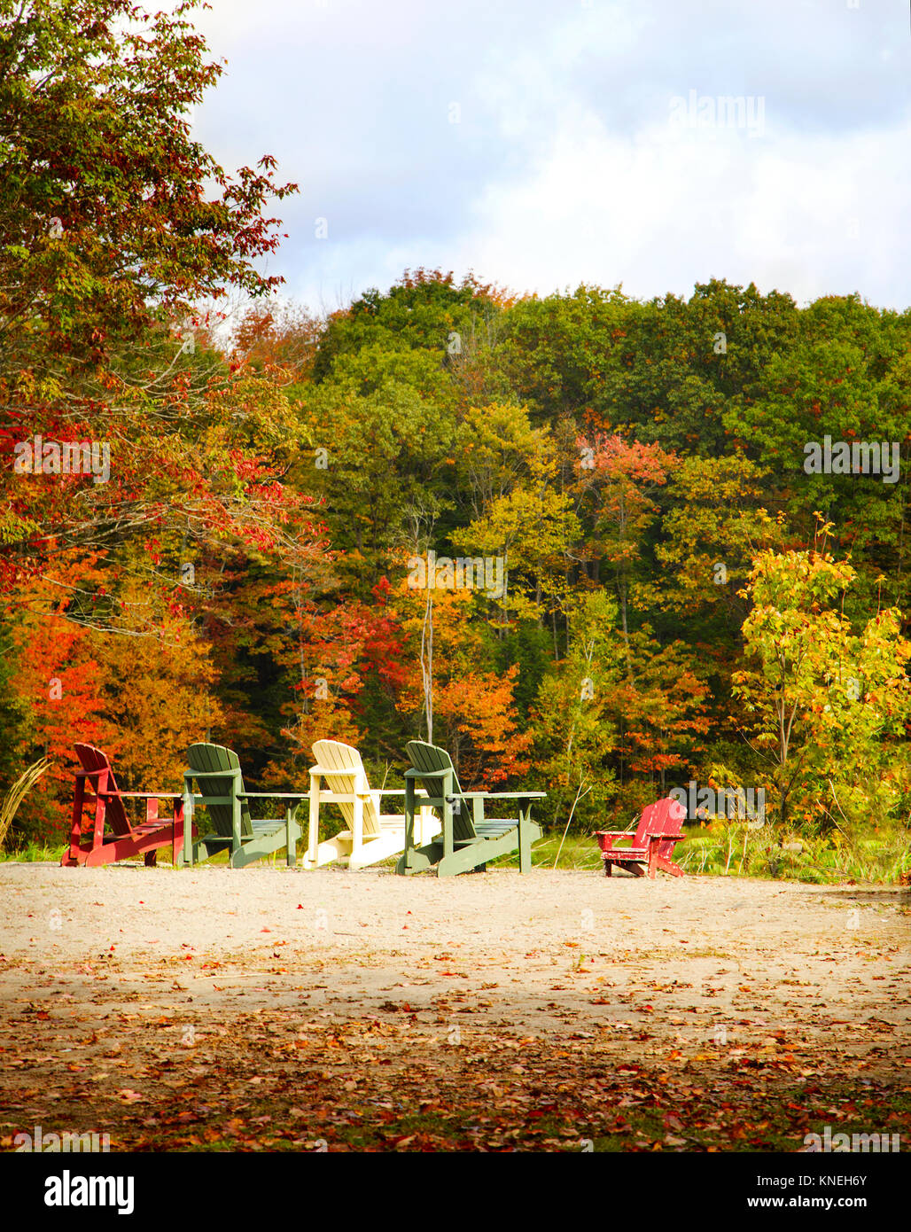 Chaises en bois par des lacs de Muskoka, Ontario, Canada Banque D'Images