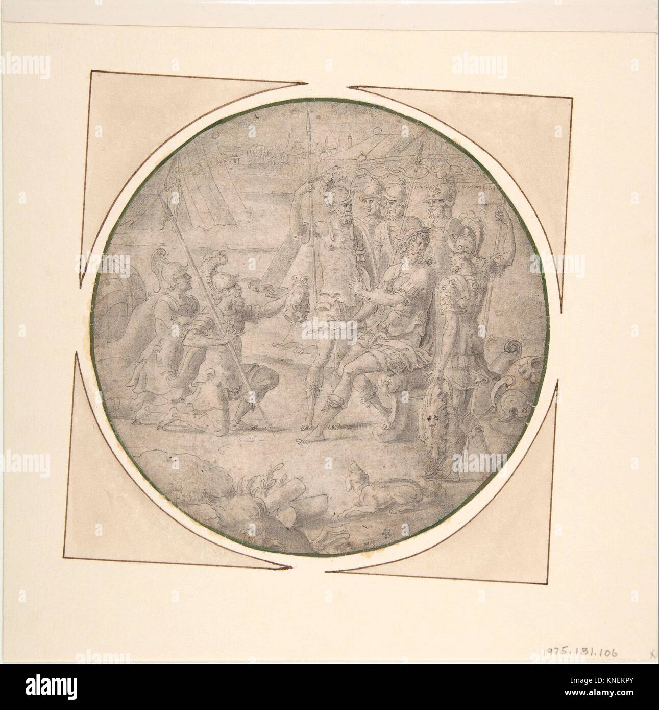 La tête de Pompée présentée à César. Artiste : Anonymous, le français, 16e siècle ; moyen : plume et encre gris et gris clair, la brosse de lavage. En ligne d'encadrement Banque D'Images