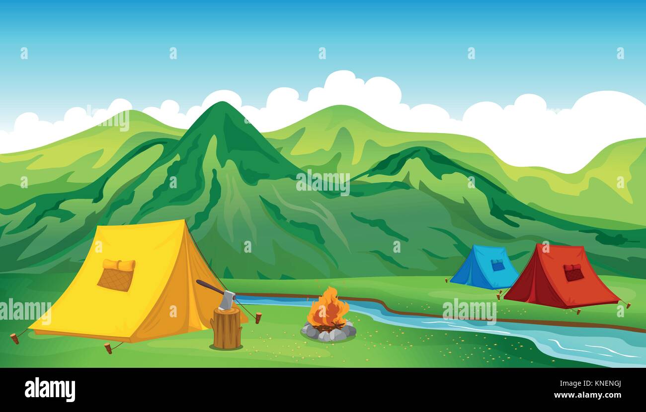 Illustration de tentes de camping près de la montagne Illustration de Vecteur