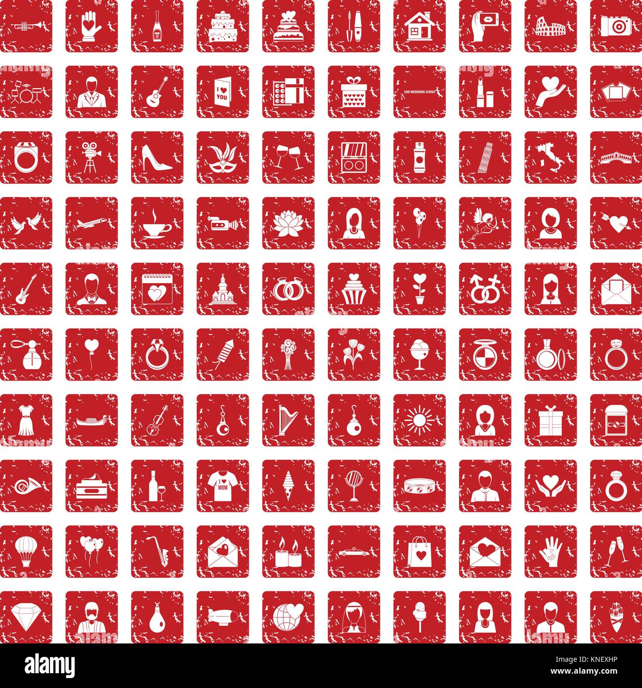 100 icons set mariage rouge grunge Illustration de Vecteur