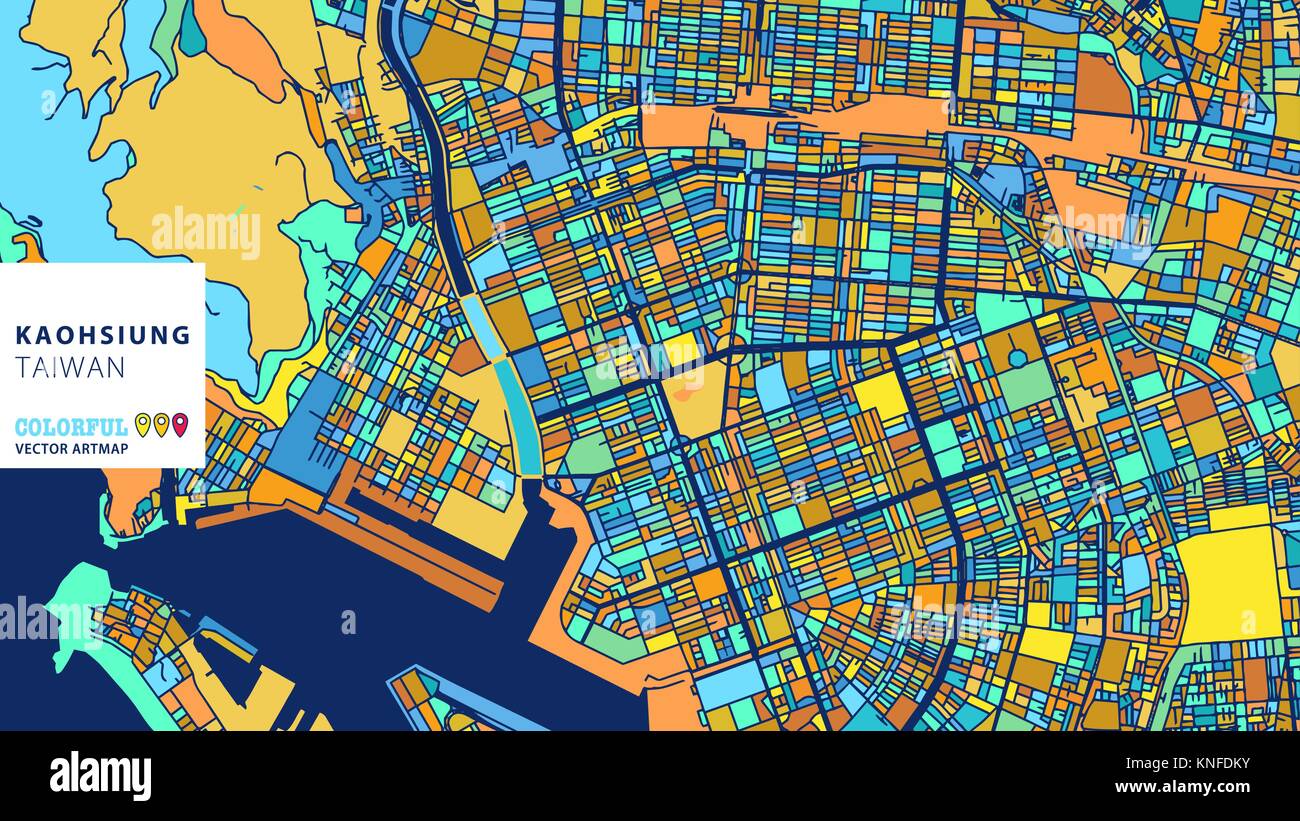 Kaohsiung, Taiwan, Colorful Vector Artmap. Blue-Orange-Version jaune pour le site Web Infographie, l'Art de mur et fond de carte de Vœux. Illustration de Vecteur