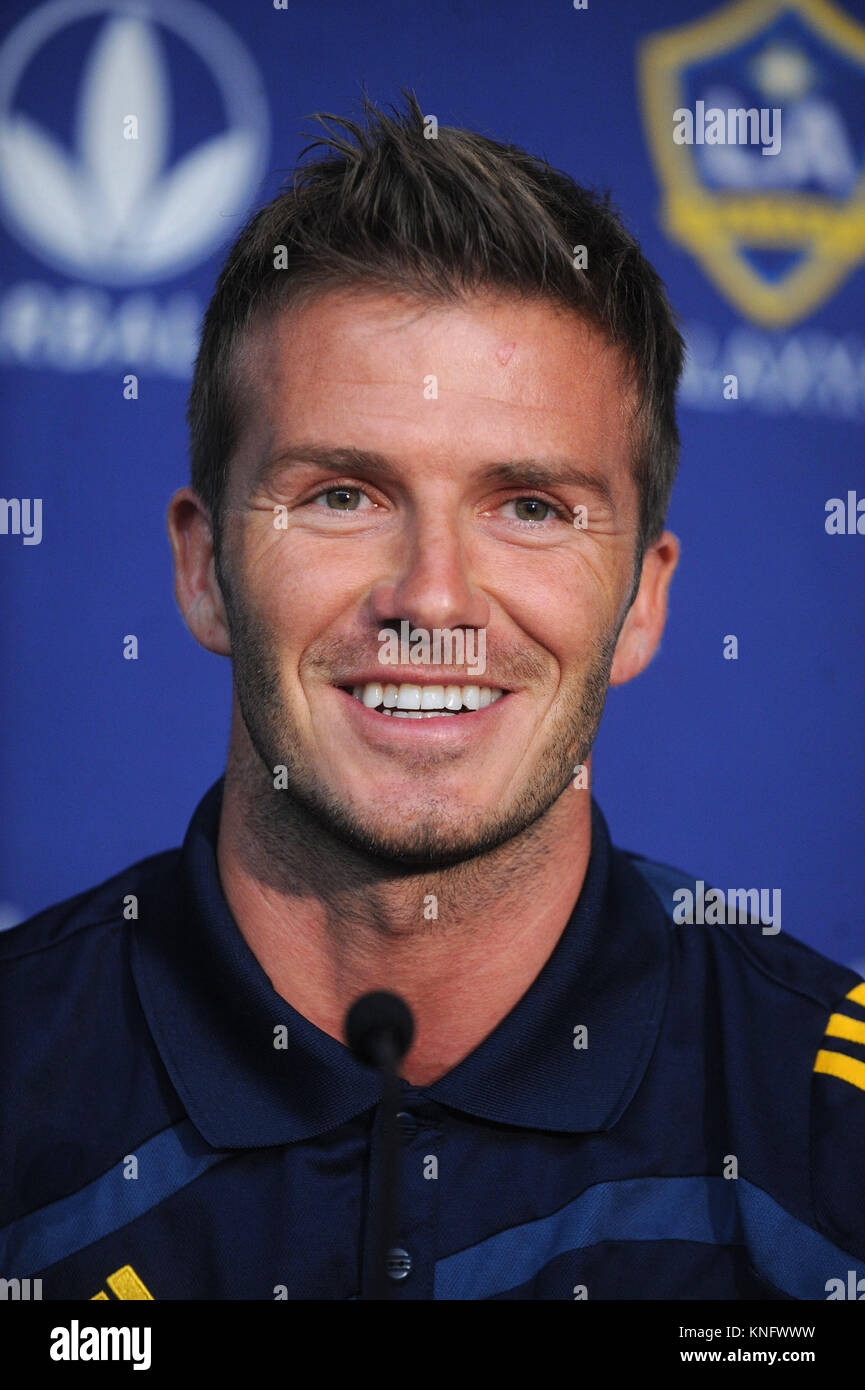 David Beckham porte sur les médias à une conférence de presse avant son retour à la MLS avec le Los Angeles Galaxy, le 16 juillet contre les New York Red Bulls. Hoboken, New Jersey. Le 15 juillet 2009. Crédit : Dennis Van Tine/MediaPunch Banque D'Images