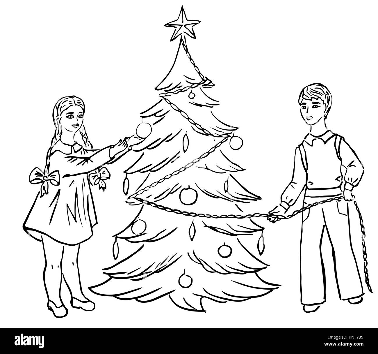 Habiller les enfants arbre de Noël dessin vectoriel Illustration de Vecteur