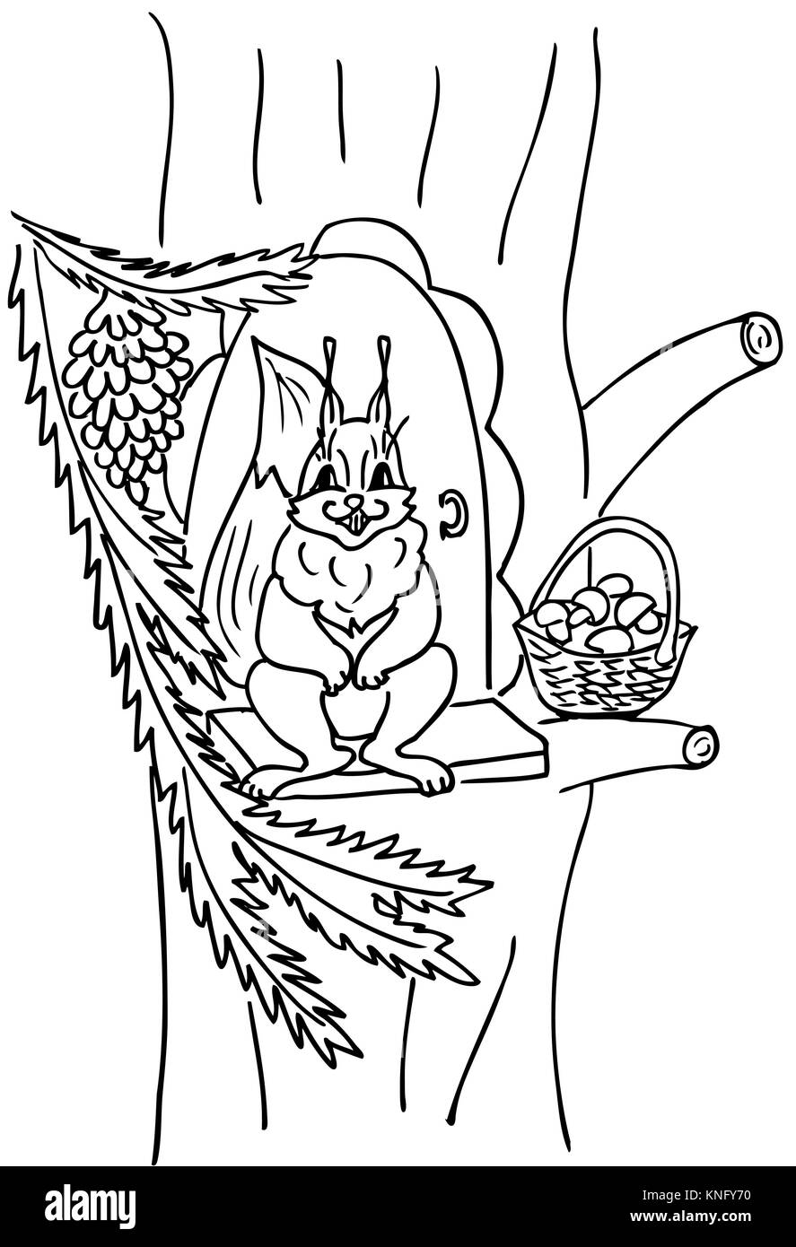 Squirrel sur un arbre avec un panier de champignons Illustration de Vecteur