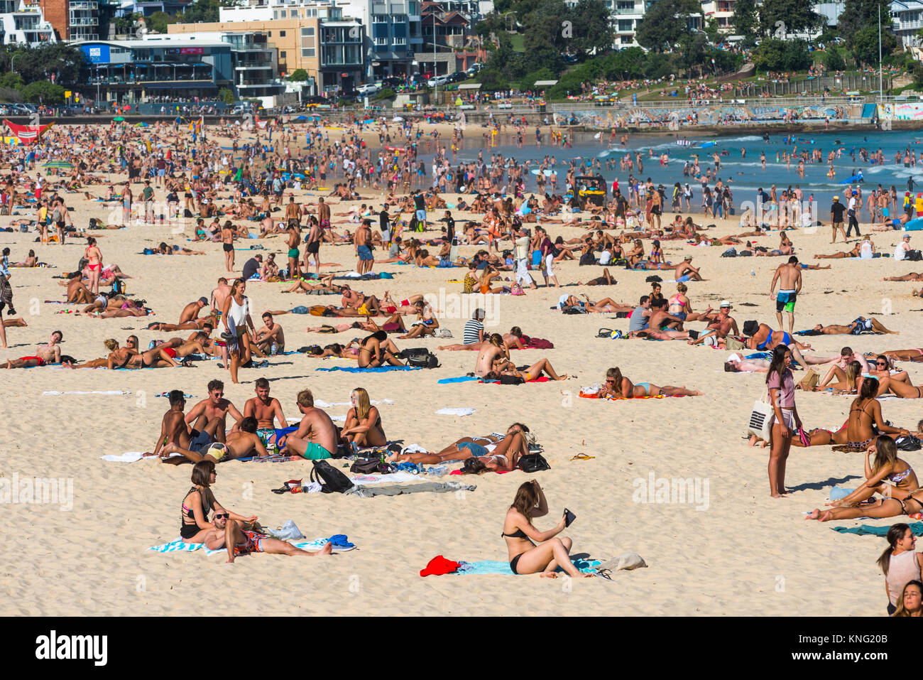 La foule sur la plage de Bondi, une journée d'été. Sydney, NSW. L'Australie Banque D'Images