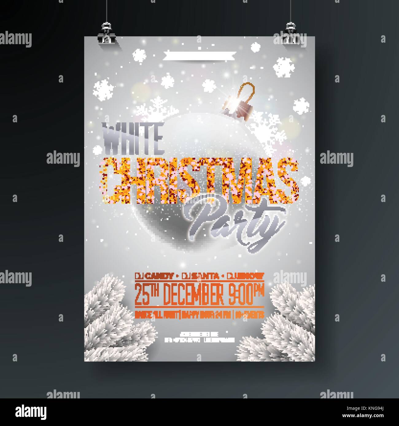 Fête de Noël blanc Flyer Illustration avec des éléments ornementaux et typographie scintillait Ball sur fond brillant. La conception de l'affiche de la fête du vecteur. Illustration de Vecteur