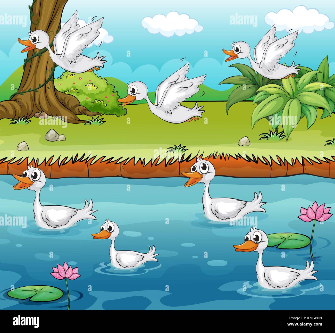 Illustration de la natation et des canards en vol sur un environnement coloré Illustration de Vecteur