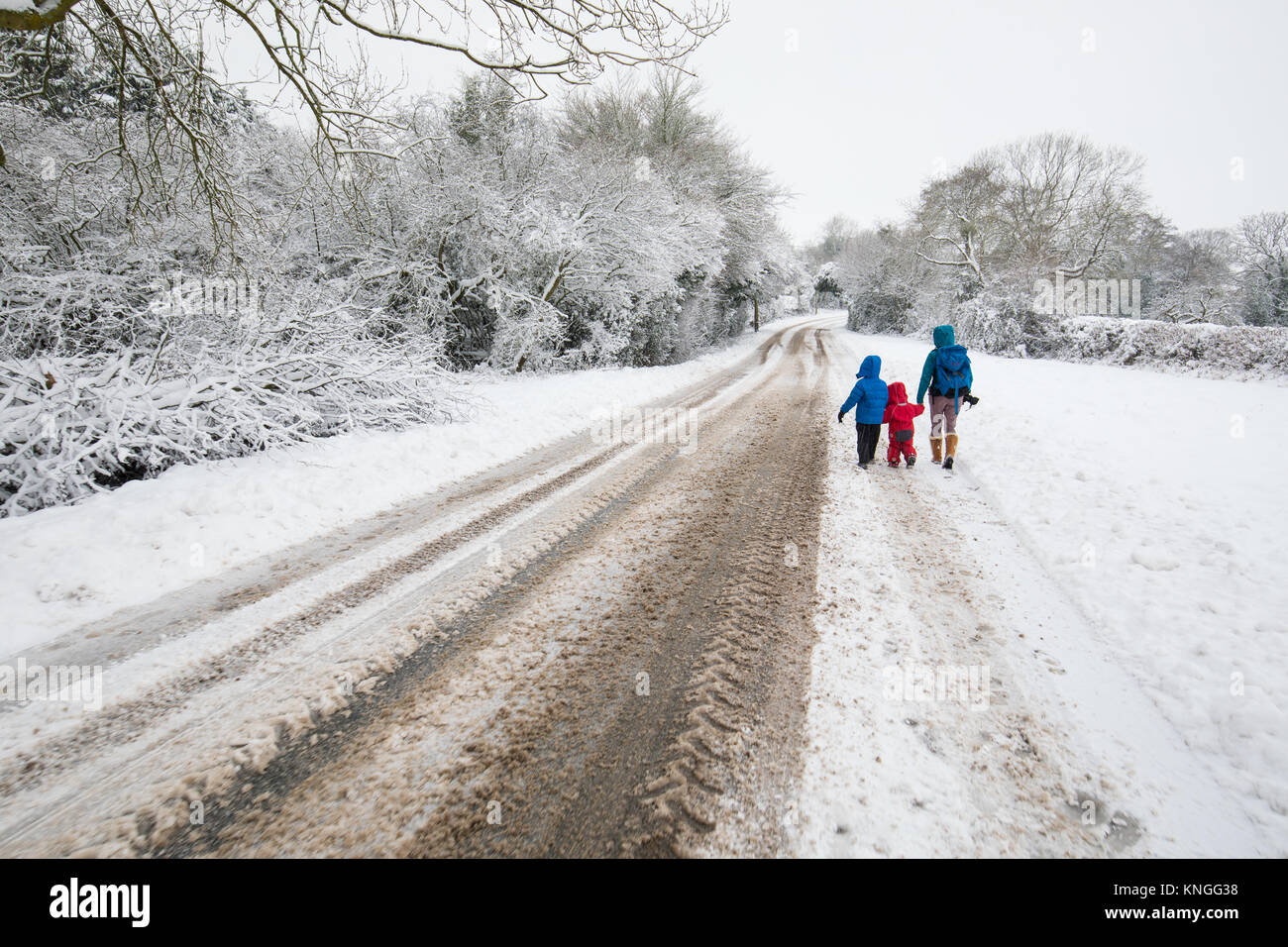 Seulement 4x4s capable de conduire en ville en raison de fortes chutes de neige, une famille présente à pied pour faire du shopping. Les écoles fermées. Décembre 2017. Banque D'Images