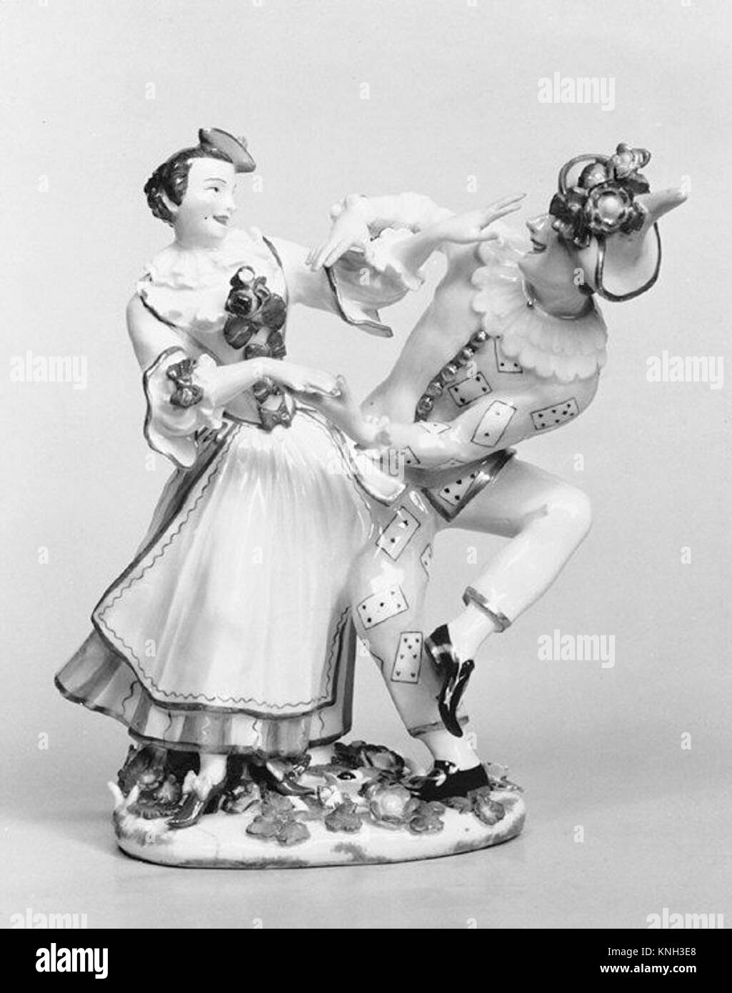 Une œuvre d'art représentant la danse Arlequin et Columbine, montrant le costume théâtral du XVIIIe siècle, le mouvement et la représentation dramatique du personnage. Banque D'Images