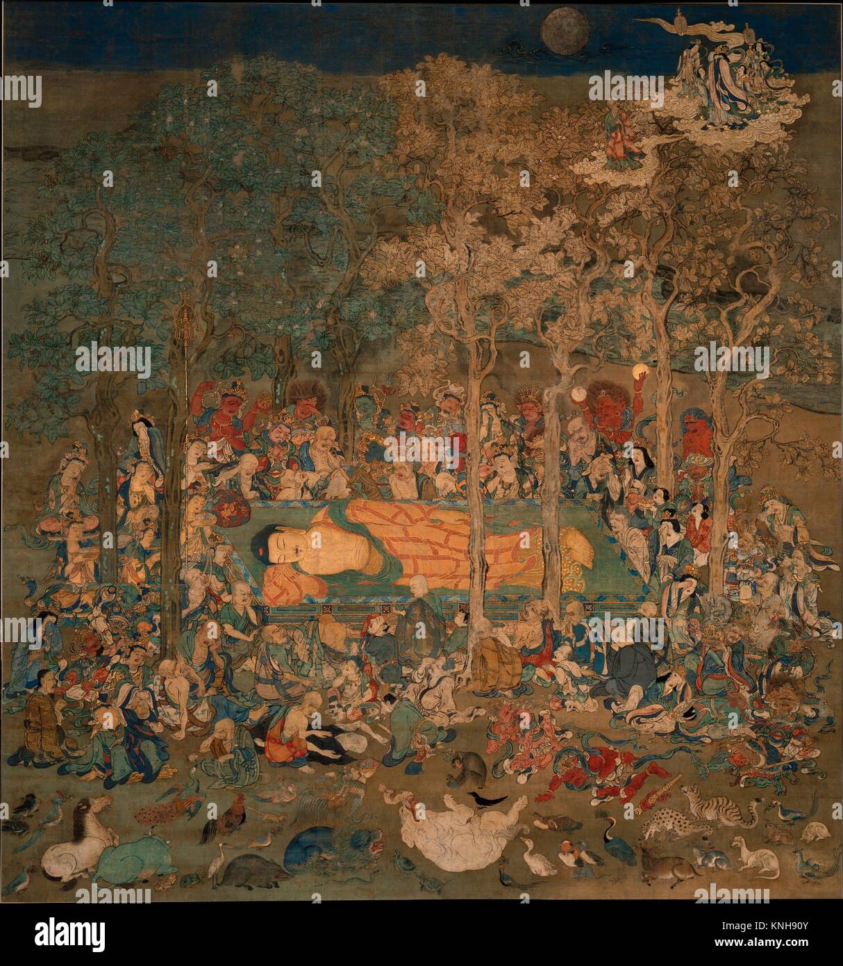 La mort du Bouddha historique (Nehan-zu). Période : période Kamakura (1185-1333) ; Date : 14e siècle, la culture : Japon ; moyen : Hanging scroll ; l'encre, Banque D'Images