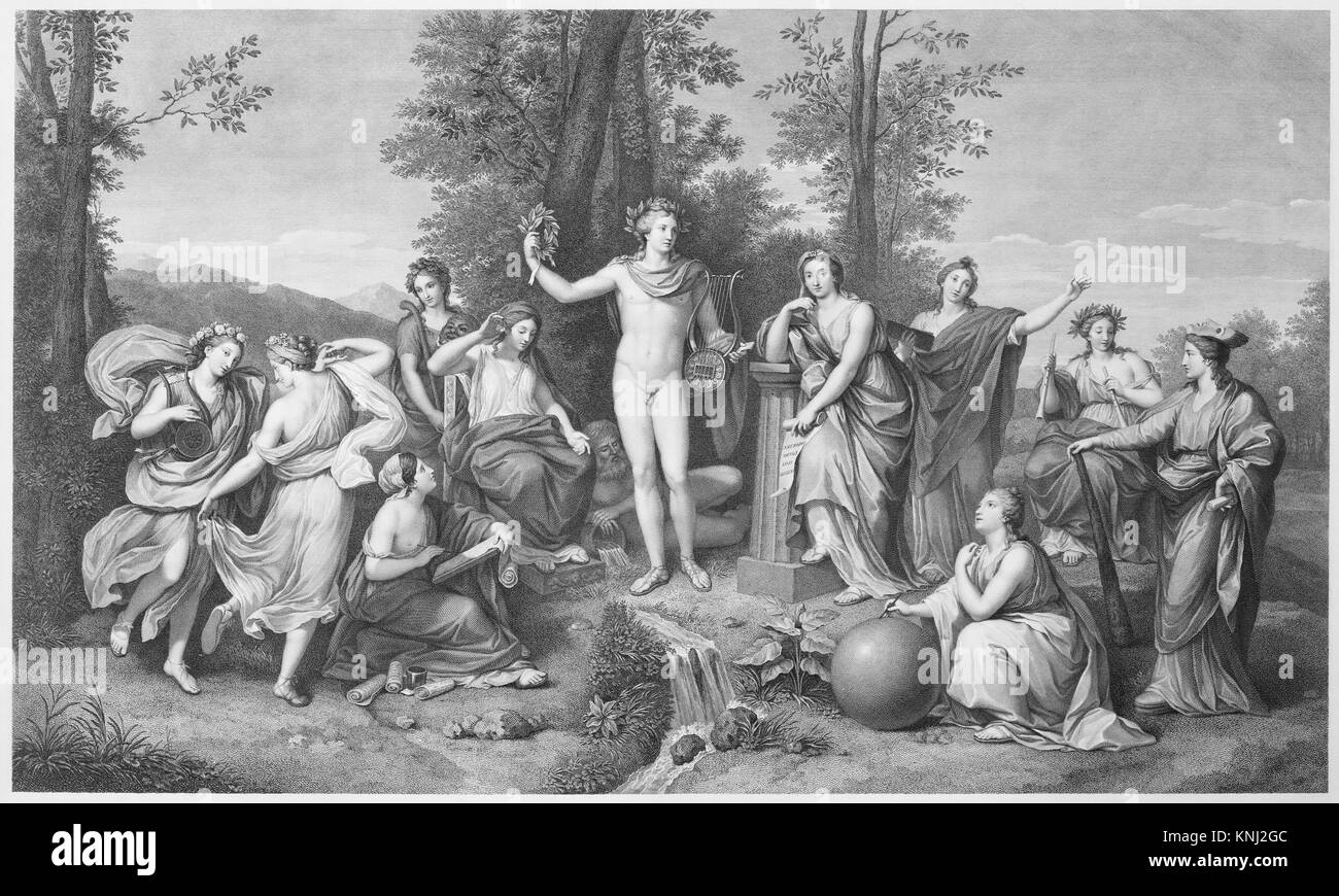 Apollon et les Muses sur Parnasse, artiste : Raphael Morghen (italien, Naples 1758–1833 Florence), artiste : d'après Anton Raphael Mengs (allemand, Ústi nad Labem (Aussig) 1728–1779 Rome), 1784, médium : gravure Banque D'Images