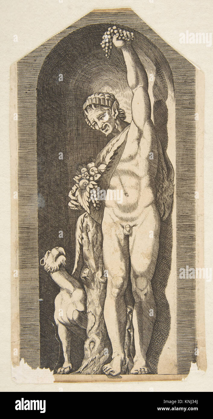 Gravure italienne du XVIe au début du XVIIe siècle représentant un faucon tenant des raisins et des fruits, avec un chien en bas à gauche, créée d'après Marco Dente de Ravenne. Banque D'Images