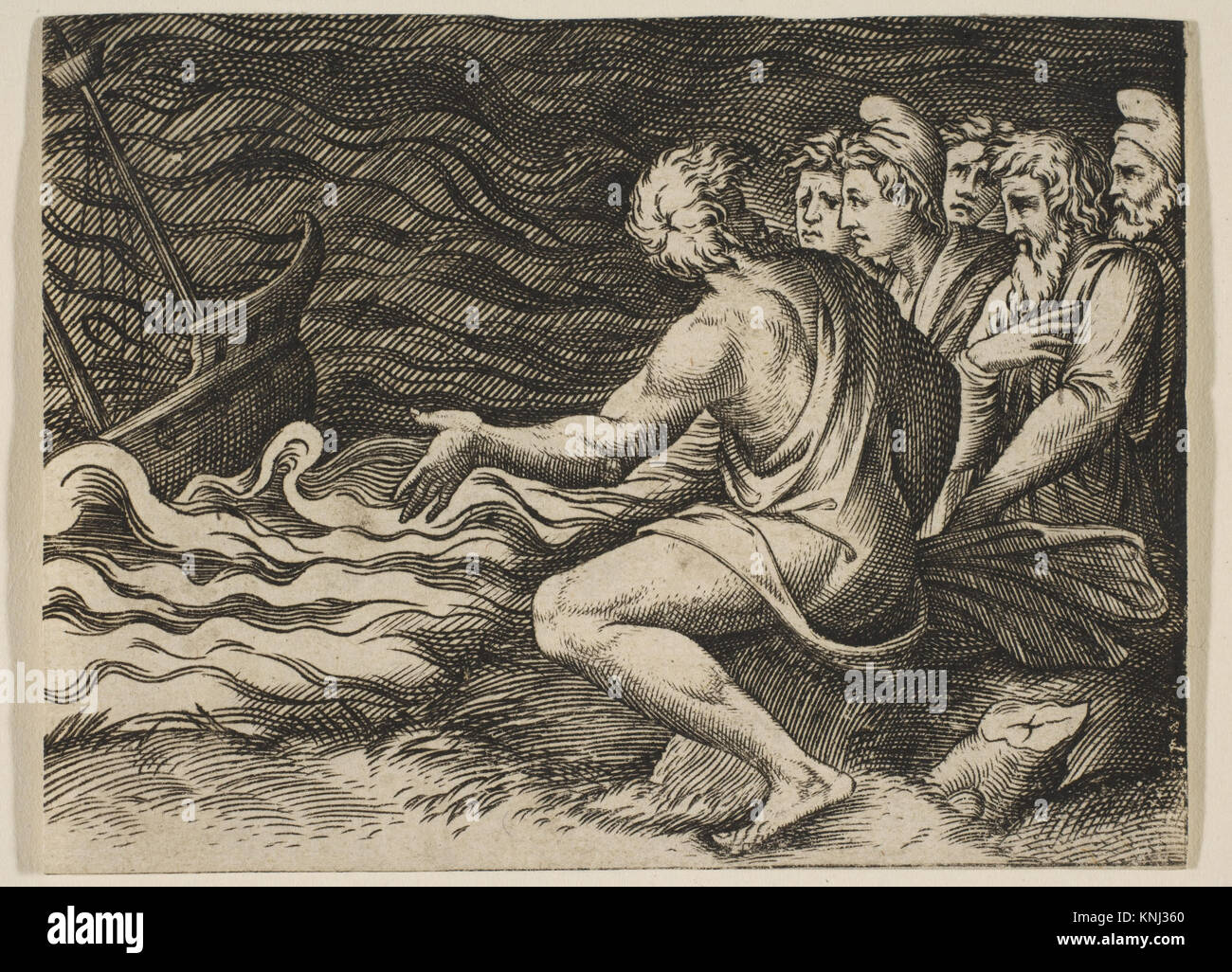 Cette gravure de Marco Dente représente plusieurs figures observant un naufrage, mettant en évidence une catastrophe maritime et la réaction humaine au début du XVIe siècle en Italie. Banque D'Images