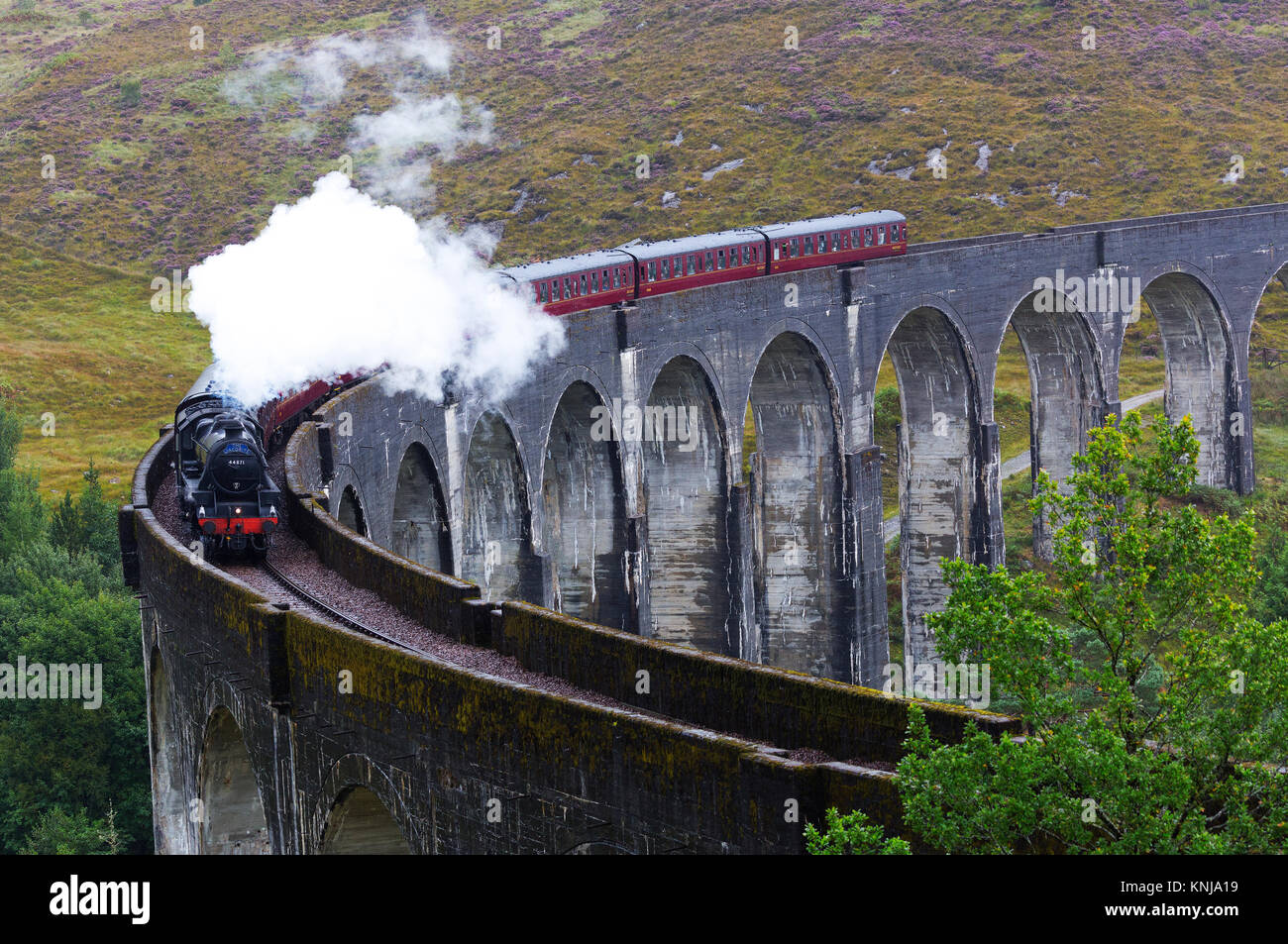 Le Poudlard Express train à vapeur passant sur le viaduc de Glenfinnan, Lochaber, Highland d'Écosse, Royaume-Uni Banque D'Images