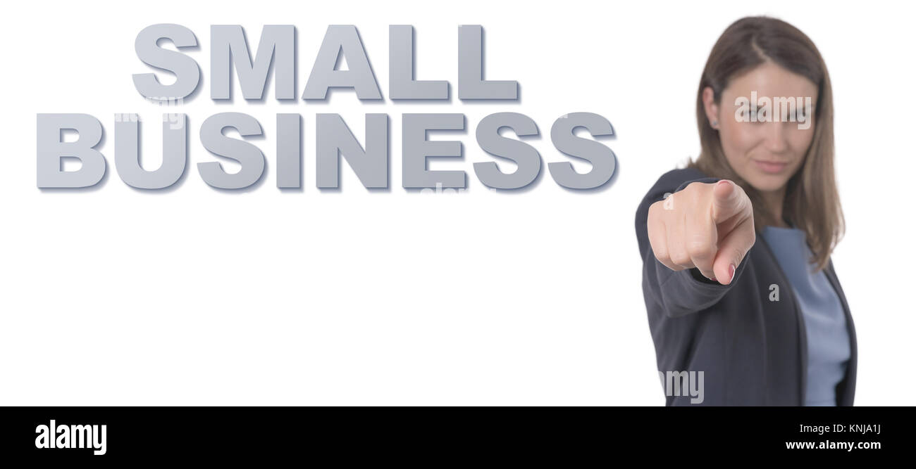 Business Woman pointing le texte SMALL BUSINESS CONCEPT Concept commercial. Banque D'Images