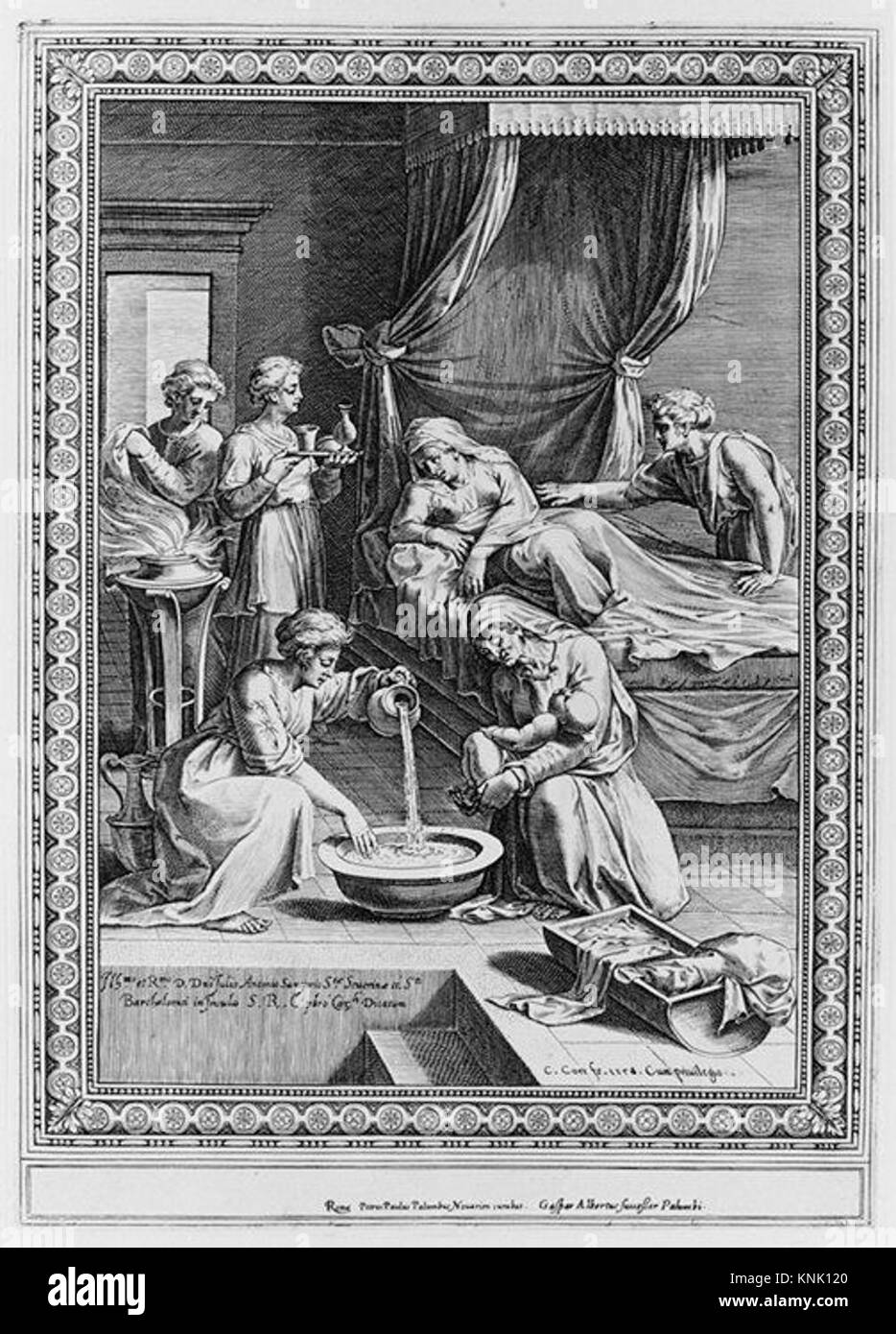 Cette gravure de 1578 de Cornelis Cort d'après Federico Zuccaro représente la naissance de la Vierge, montrant des figures religieuses, la composition et des détails iconographiques. Banque D'Images