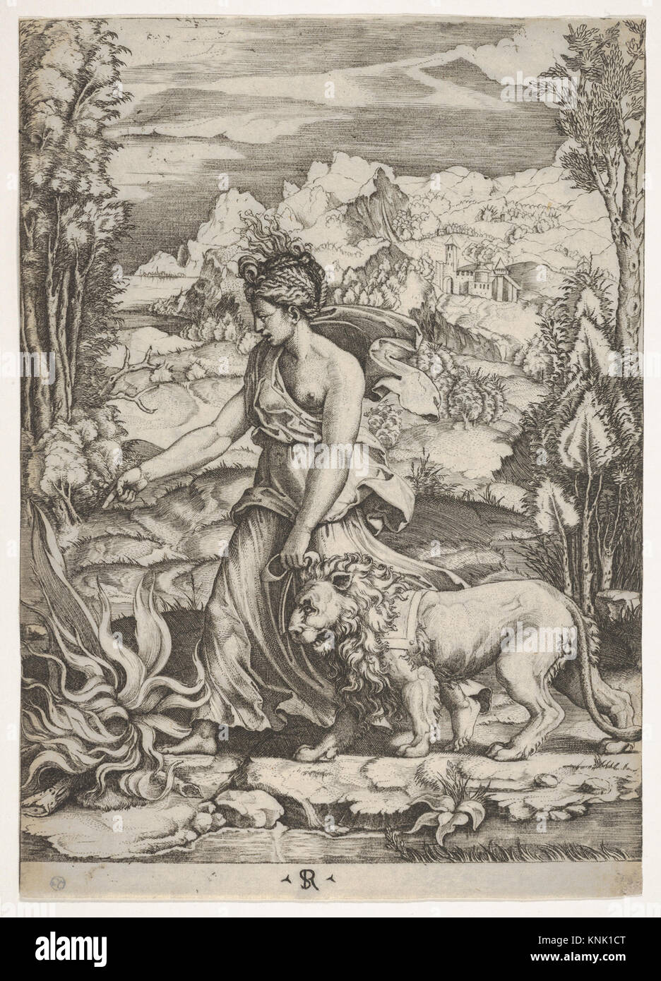 Force dans la vue de profil marchant vers un feu à gauche et menant un lion harnais, un paysage en arrière-plan, imprimé, Marco Dente, après Raphaël (Raffaello Sanzio ou Santi) (1483-1520), vers 1510-20 Banque D'Images