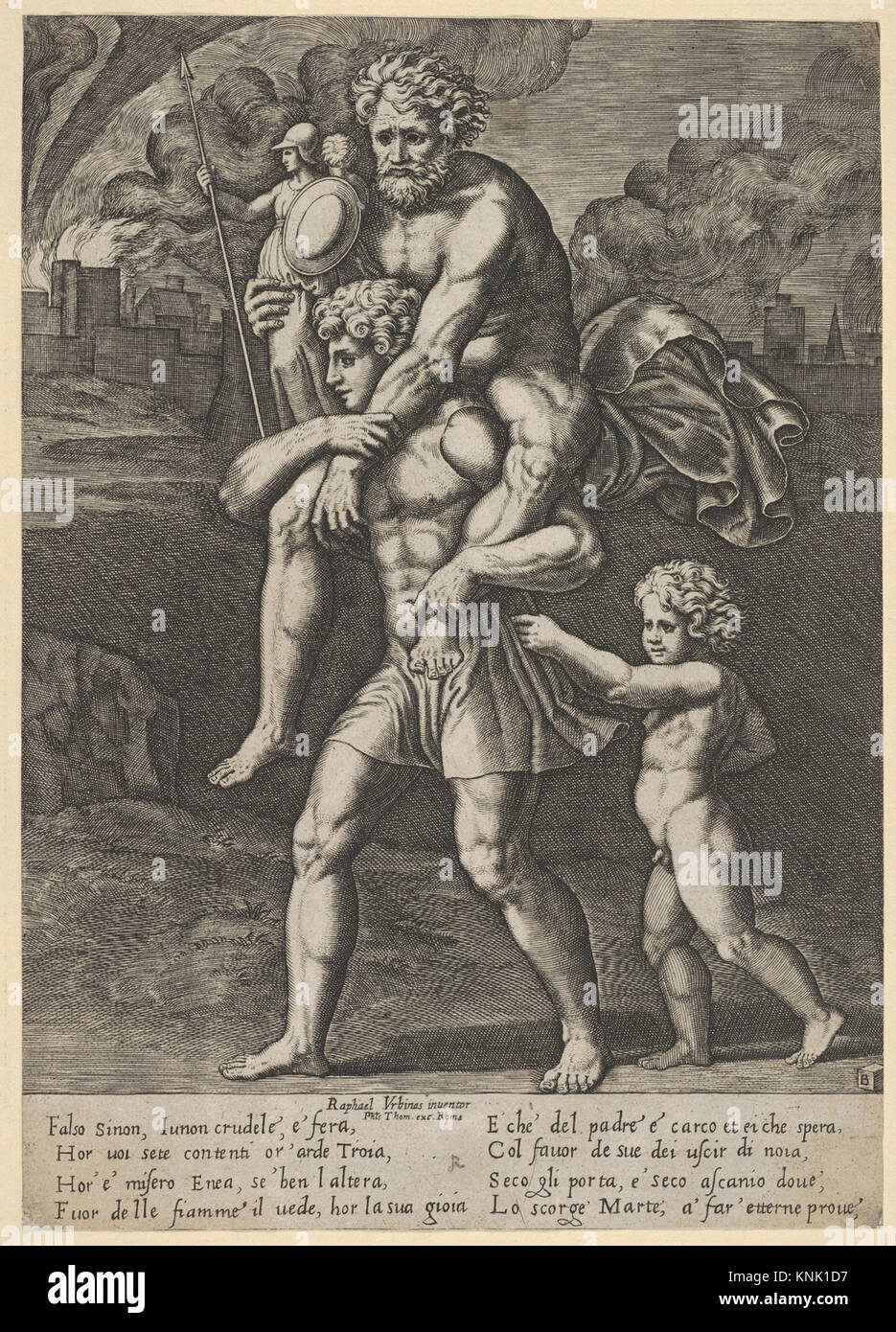 Aeneas portant des Anchises sur ses épaules pendant que Troy brûle en arrière-plan, imprimé, maître de la matrice, après Raphaël (Raffaello Sanzio ou Santi) (1530-1560) Banque D'Images