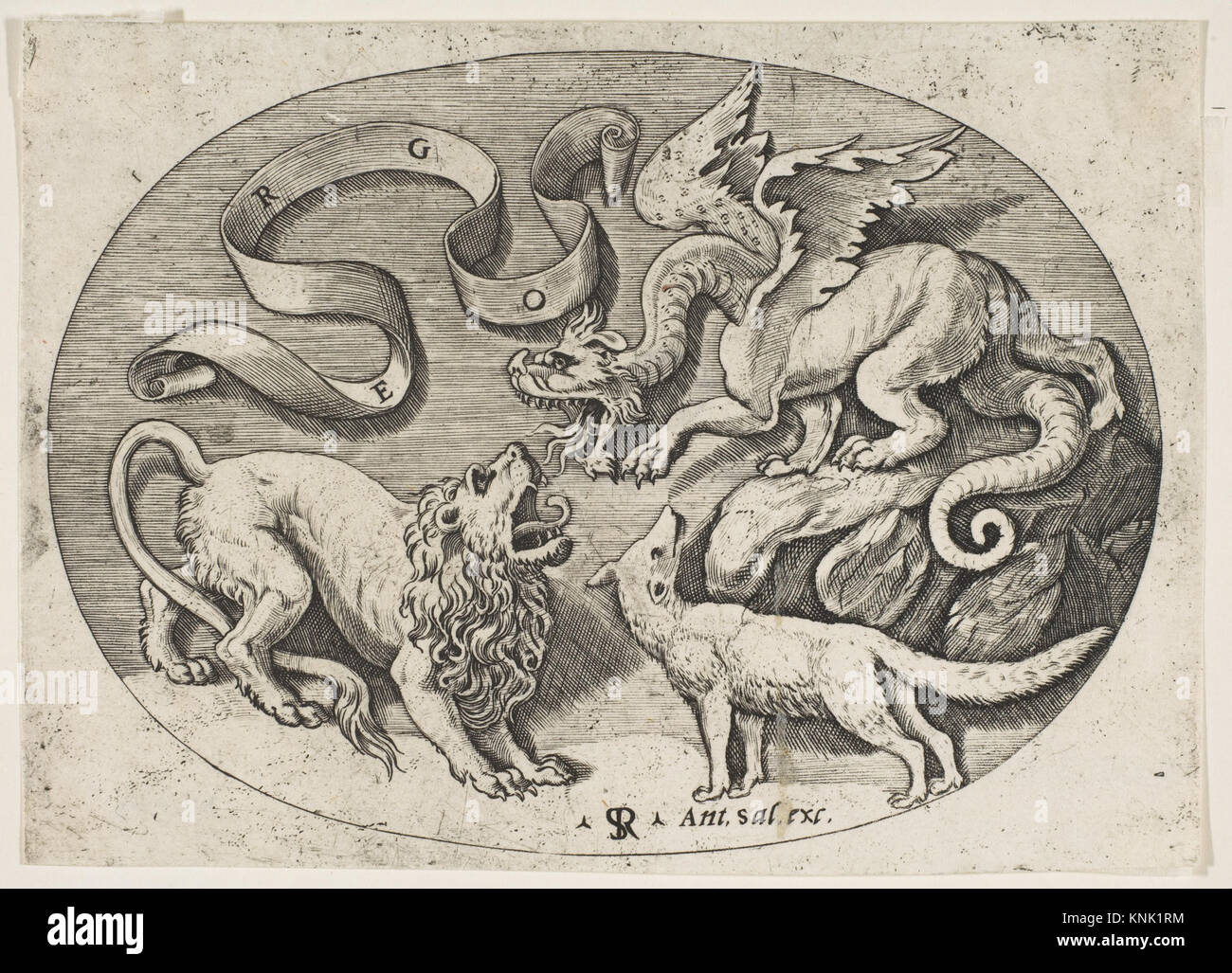 Cette gravure de Marco Dente montre un lion, un dragon et un renard au combat sous une banderole inscrite dans une composition ovale, démontrant les techniques de gravure de la Renaissance. Banque D'Images