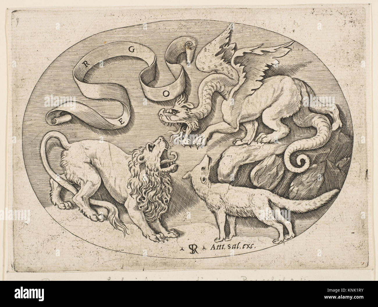 Gravure de Marco Dente montrant un lion, un dragon et un renard au combat avec une banderole, démontrant le symbolisme héraldique et la technique de gravure italienne du XVIe siècle. Banque D'Images