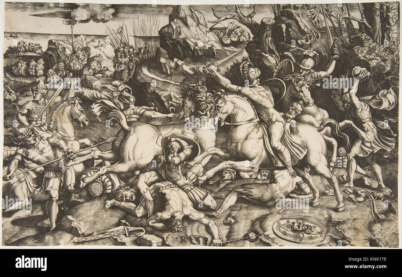 Scène de bataille dans un paysage avec des soldats à cheval et plusieurs hommes morts, un autre groupe de cavaliers en arrière-plan, l'imprimé, Marco Dente, après Raphaël (Raffaello Sanzio ou Santi), après Giulio Romano Banque D'Images