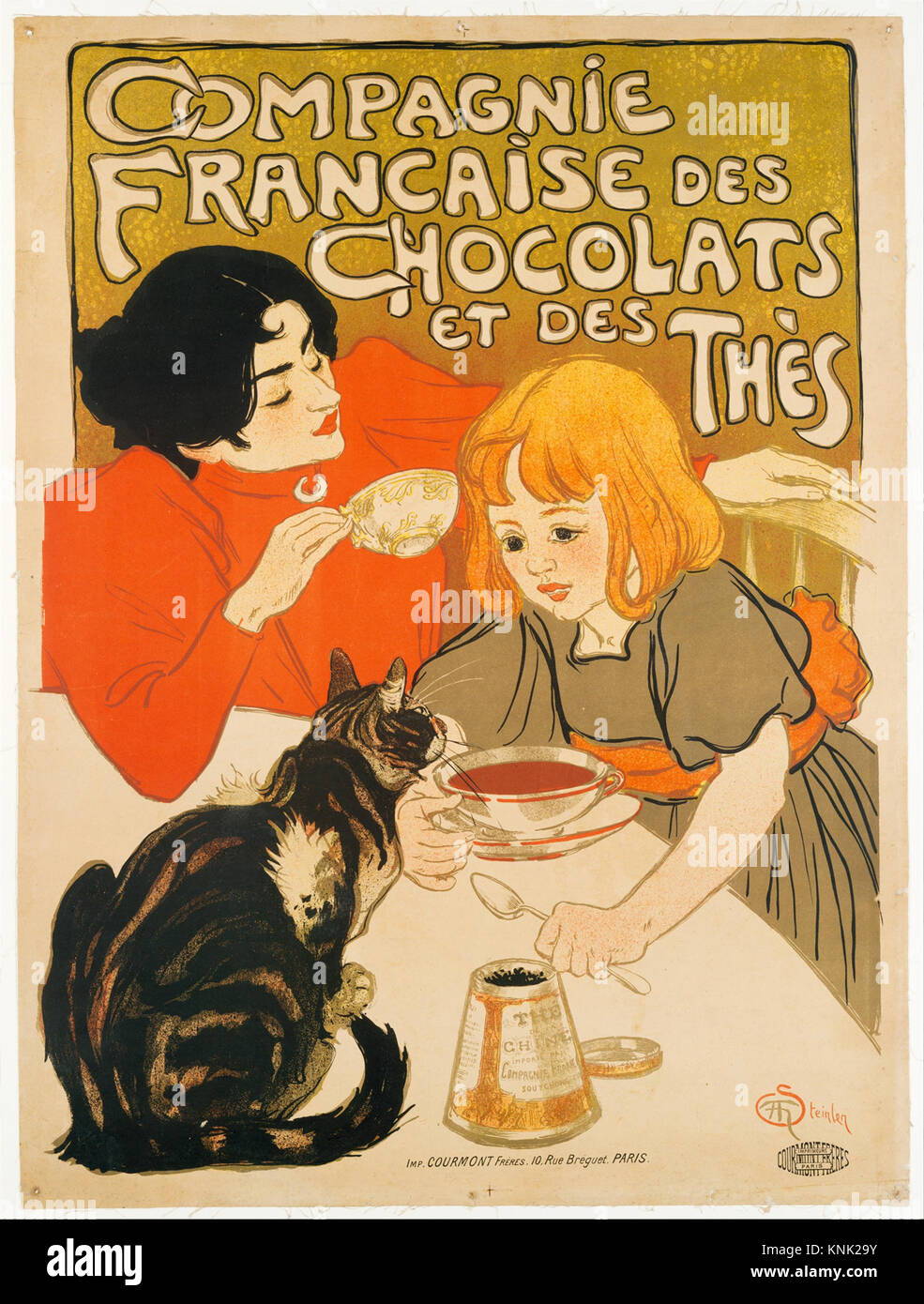 Affiche publicitaire Compagnie française des chocolats et des thés, créée par l'artiste français d'origine suisse Théophile-Alexandre Steinlen en 1895, présentant une illustration de style Art Nouveau. Banque D'Images