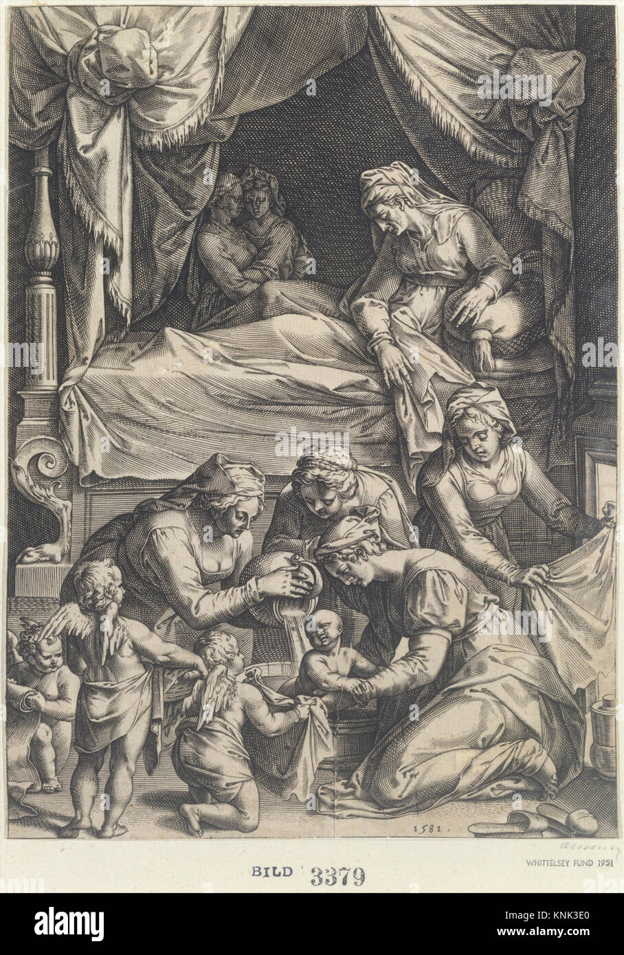 Gravure représentant la naissance de la Vierge Marie, créée par Julius Goltzius d'après Cornelis Cort et Federico Zuccaro, montrant des figures religieuses et des détails intérieurs domestiques. Banque D'Images