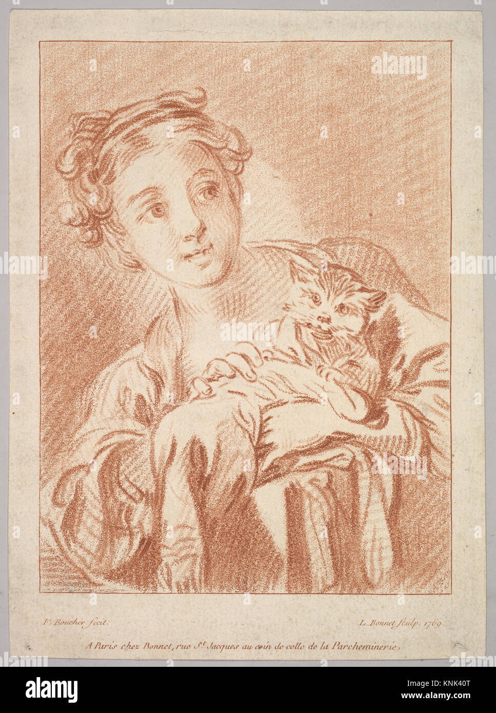 Une jeune fille tenant un chat, imprimé, Louis Marin Bonnet (1736-1793), d'après François Boucher (1703-1770), 1769 Banque D'Images