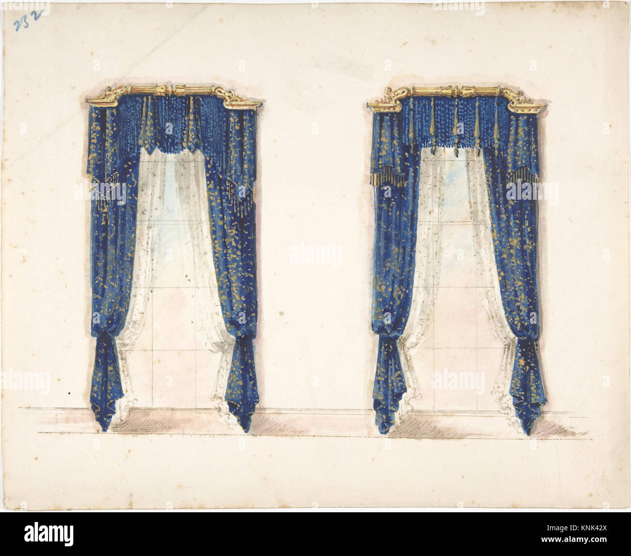 Design pour rideaux bleu et or avec franges or et un Pediment or Banque D'Images