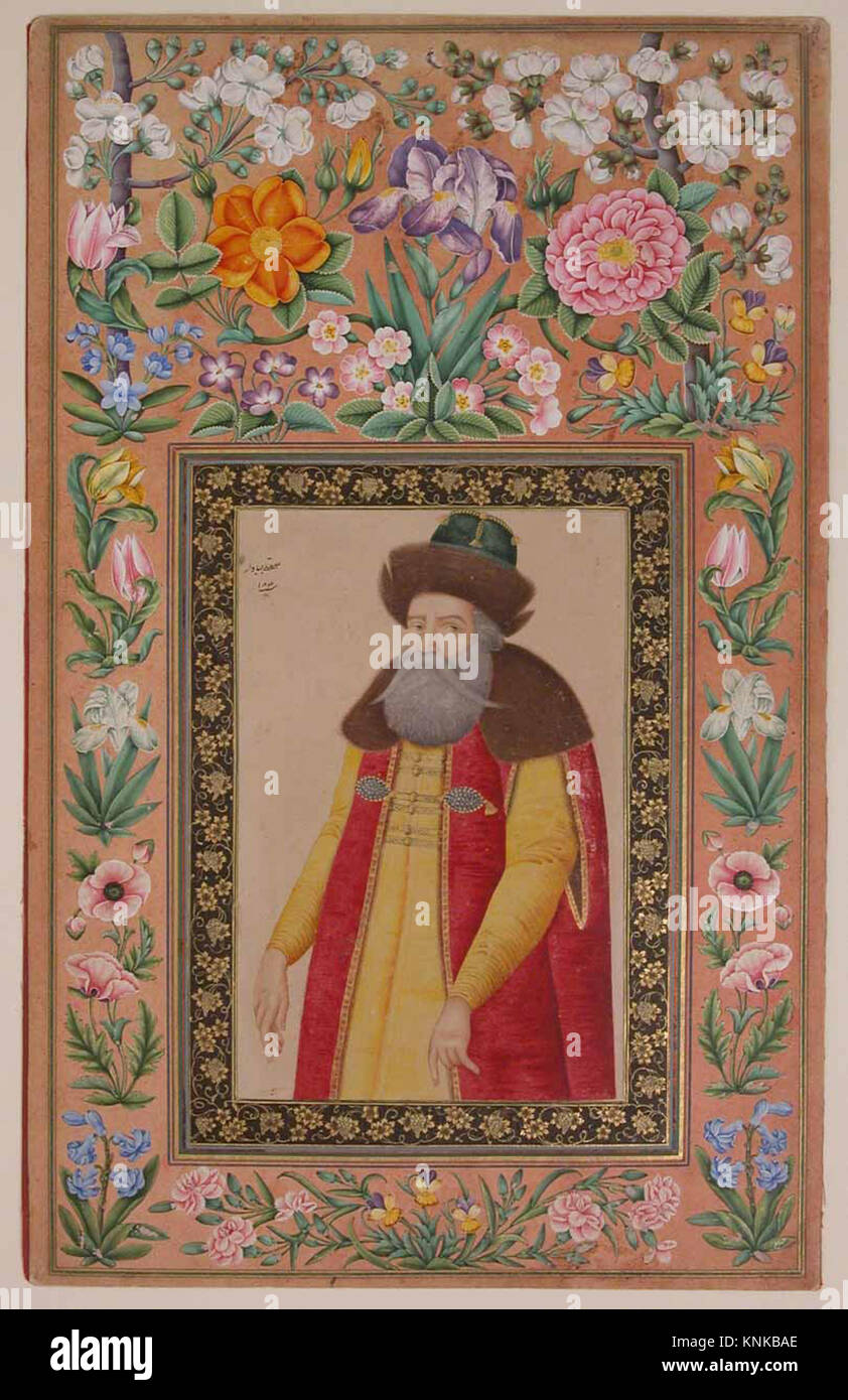 Portrait de l'ambassadeur russe, le prince Andrey Priklonskiy , Folio de l'album Davis, peinture de 'Ali Quli Jabbadar (iranien, seconde moitié active du 17e siècle), daté de 1048 AH/1673–74 ce, fabriqué en Iran, médium : encre, aquarelle opaque, or sur papier Banque D'Images