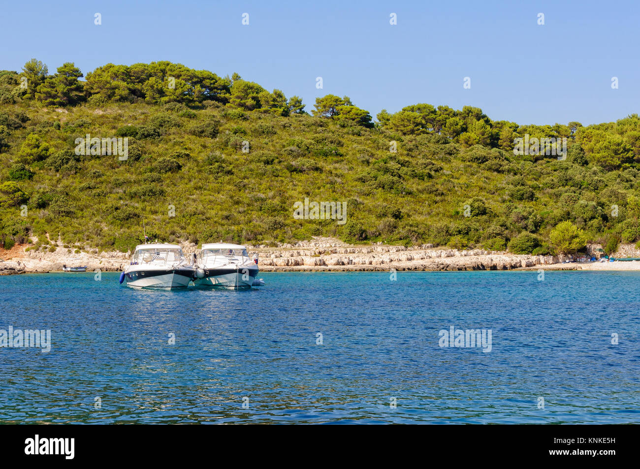 Deux yachts ancrés côte à côte dans la magnifique baie Milne - Hvar, Croatie Banque D'Images