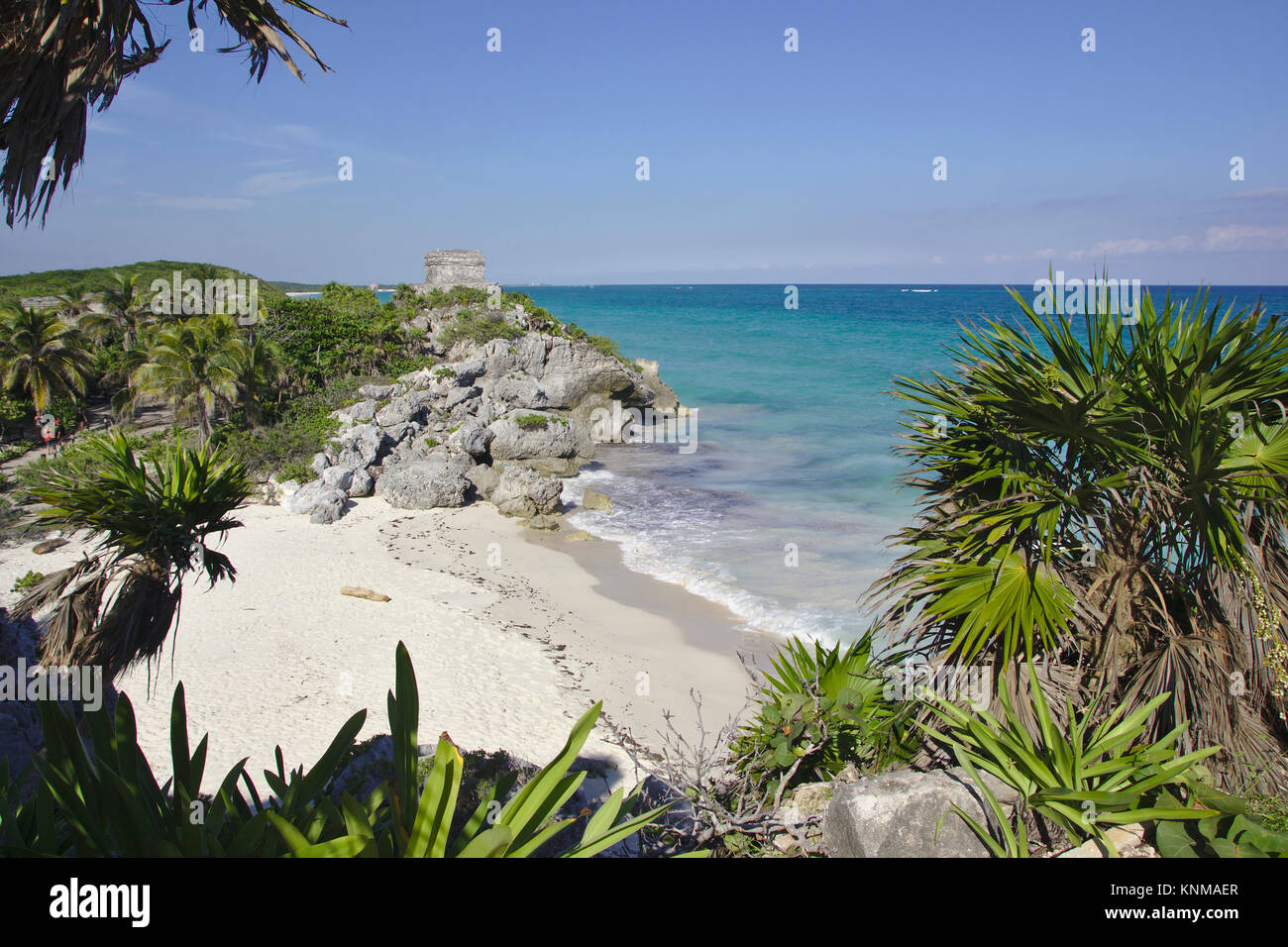 Temple du dieu du vent, les ruines de Tulum, Mexique Banque D'Images