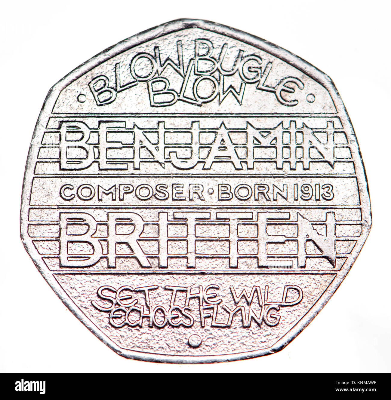 La pièce commémorative 50p. Le 100e anniversaire de la Naissance de Benjamin Britten (Tom Phillips : 2013) Banque D'Images