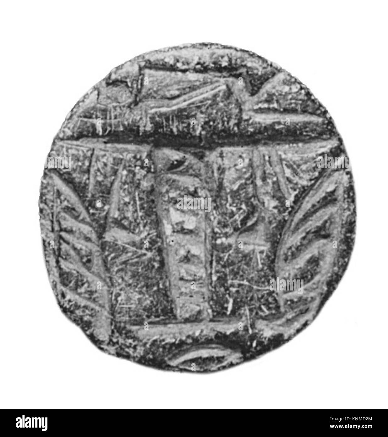 Un sceau à boutons de l'ancien Empire égyptien, dynastie 7-8 (vers 2152–2100 av. J.-C.), fait de stéatite noire, fouillé au cimetière Lisht North lors des fouilles MMA 1906–07. Banque D'Images