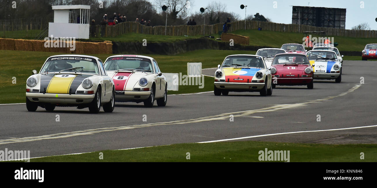 Phil Hindley, Porsche 911, Mark Bates, Porsche 911, Santiago Orjuela, Porsche 901, John Aldington, Goodwood Trophy 73e mm mars 2015, 73ème, 73ème memb Banque D'Images