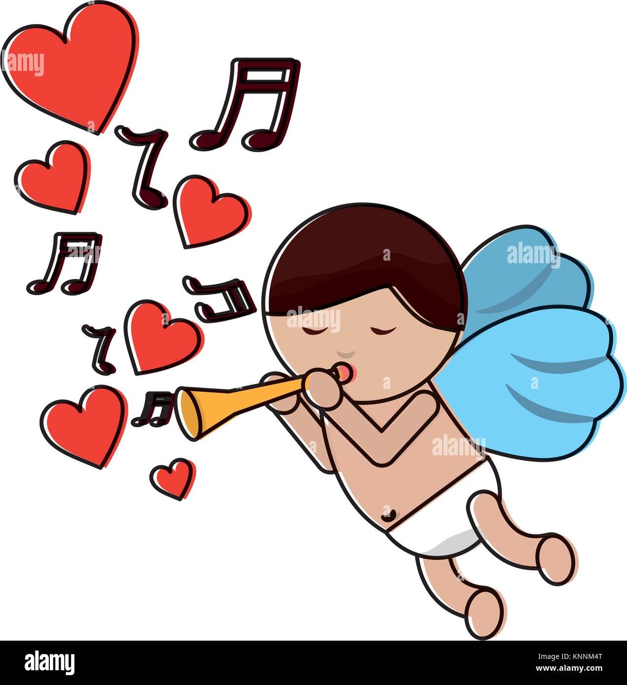 Amour cupidon voler avec la musique romantique coeurs trompette Illustration de Vecteur
