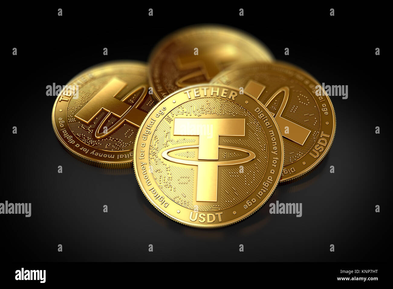 Pile de quatre golden Tether (USDT) des crédits portant sur le fond noir. Le rendu 3D Banque D'Images