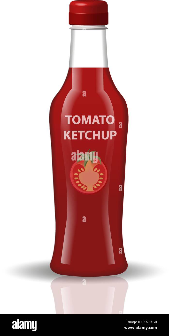 Le ketchup dans une bouteille en verre, style 3D réaliste. Papkrika sauce rouge, piment. Mock-up pour votre conception de produits. Isolé sur fond blanc. Vector illustration. Illustration de Vecteur