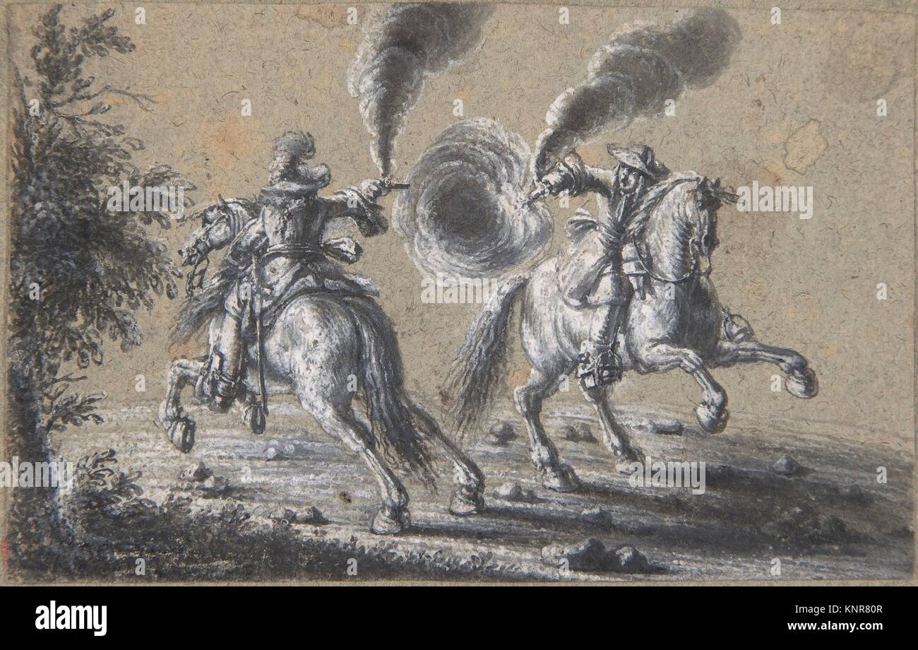 Deux cavaliers à tirer sur l'autre. Artiste : Heinrich Werdmüller (Suisse, Zurich, est mort en 1677 ( ?)) ; Date : 1600-1677 ; moyennes : l'encre noire et crayon, pinceau Banque D'Images