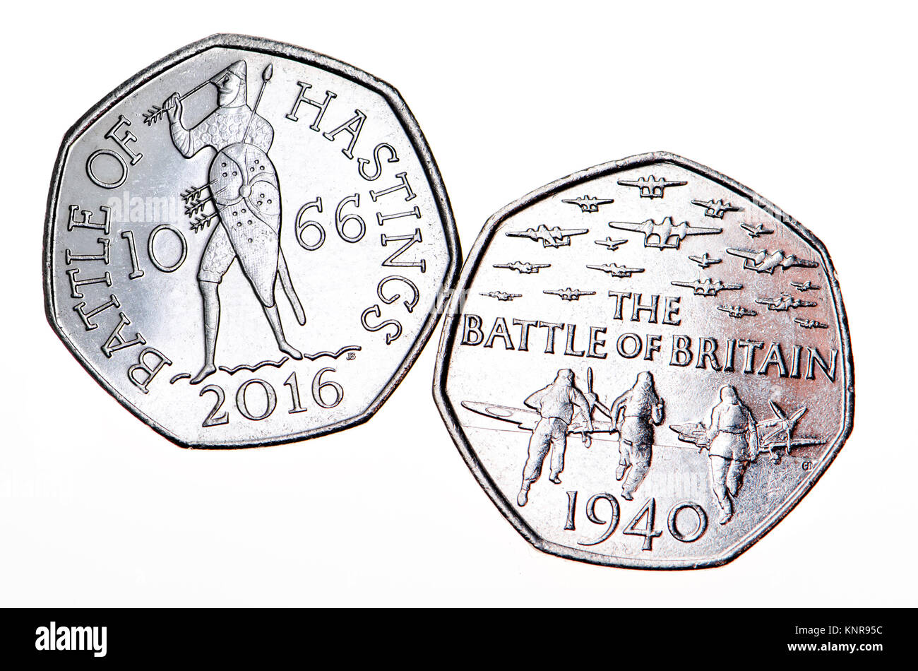 La pièce commémorative 50p. 75e anniversaire de la bataille d'Angleterre (Gary Breeze : 2015) 950ème anniversaire de la bataille de Hastings (Jean Bergda Banque D'Images