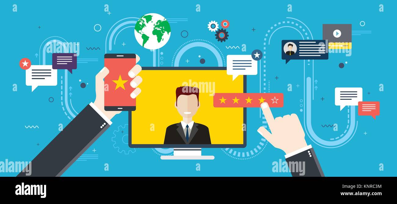 L'évaluation de l'aide en ligne, d'un contrat d'achat ou de service produit. Des témoignages de clients, de voter et de rétroaction, cote et aimé. Notion de technologie Illustration de Vecteur