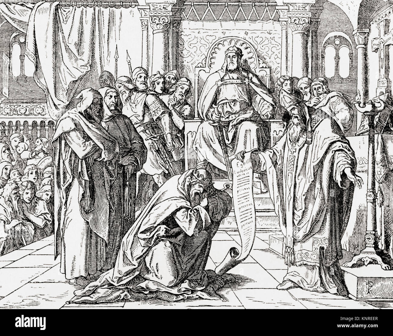 Louis le Pieux dans son palais d'Attigny près de Vouziers dans les Ardennes en 822, l'exécution de la pénitence avant le pape Pascal Ier, pour avoir causé la mort de son neveu Bernard d'Italie. Louis le Pieux, 778 - 840, aussi appelé le juste, et la Debonaire. Roi des Francs et co-empereur (comme Louis I) avec son père, Charlemagne. De Ward et verrouiller l'illustre l'histoire du monde, publié c.1882. Banque D'Images