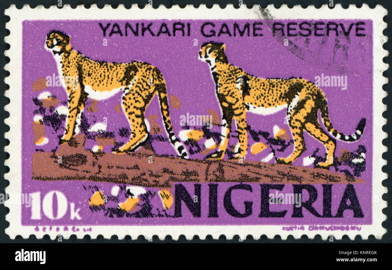 Nigéria - VERS 1973 : timbre imprimé au Nigéria montre léopards africains, Panthera pardus Pardus, Animal, jeu de Yankari Réserver, vers 1973 Banque D'Images