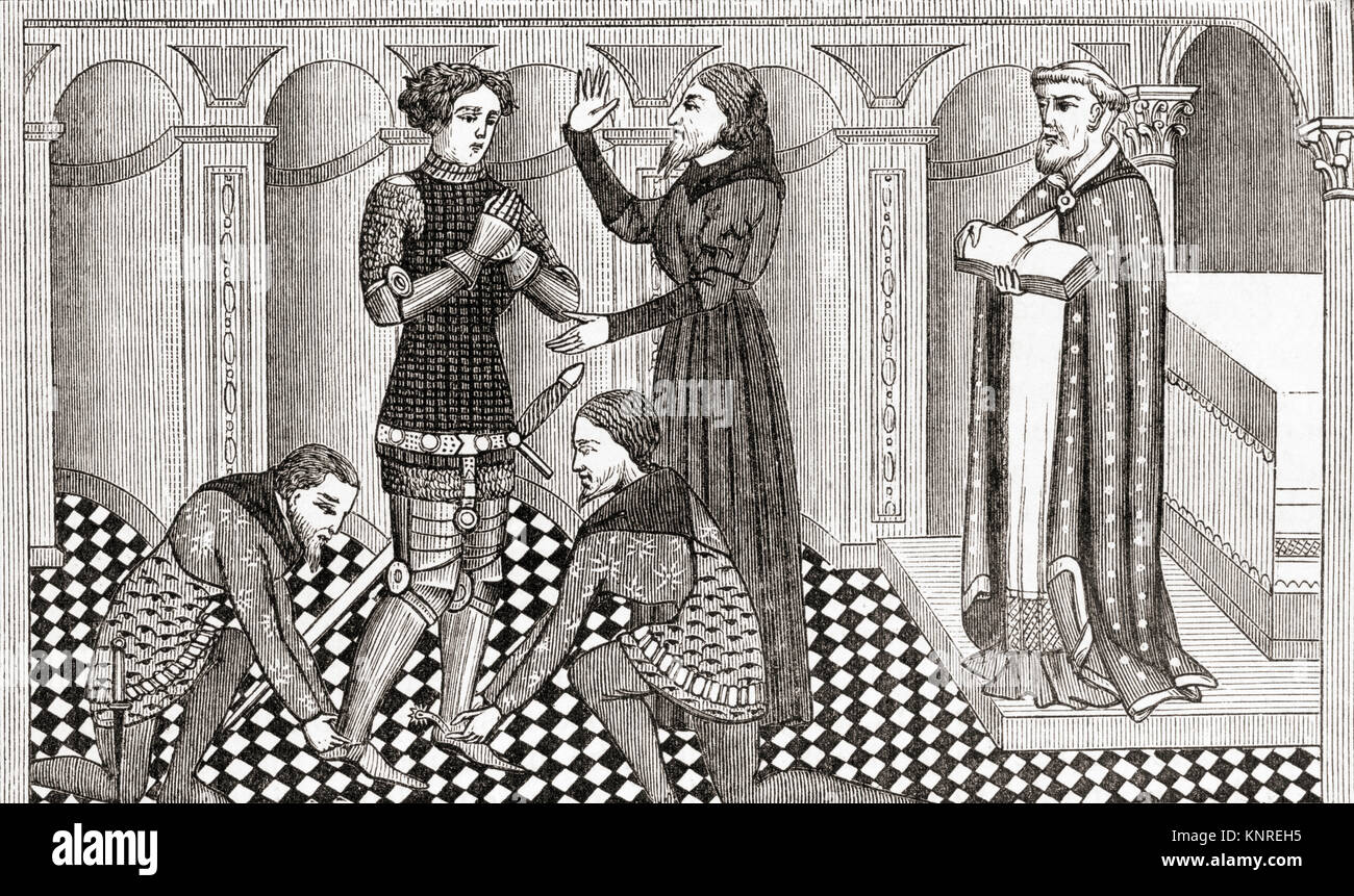 La consécration solennelle d'un chevalier, après un 13ème siècle MS. De Ward et verrouiller l'illustre l'histoire du monde, publié c.1882. Banque D'Images