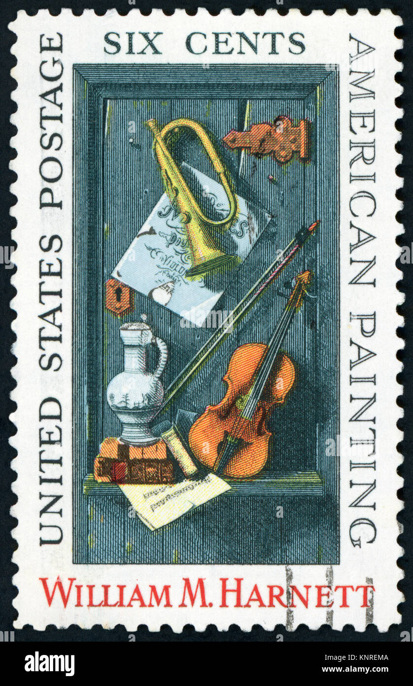 États-unis D'AMÉRIQUE - 1969 : timbre imprimé aux États-Unis d'Amérique montre droit d'une peinture de William M. Harnett, série, 1969 Banque D'Images