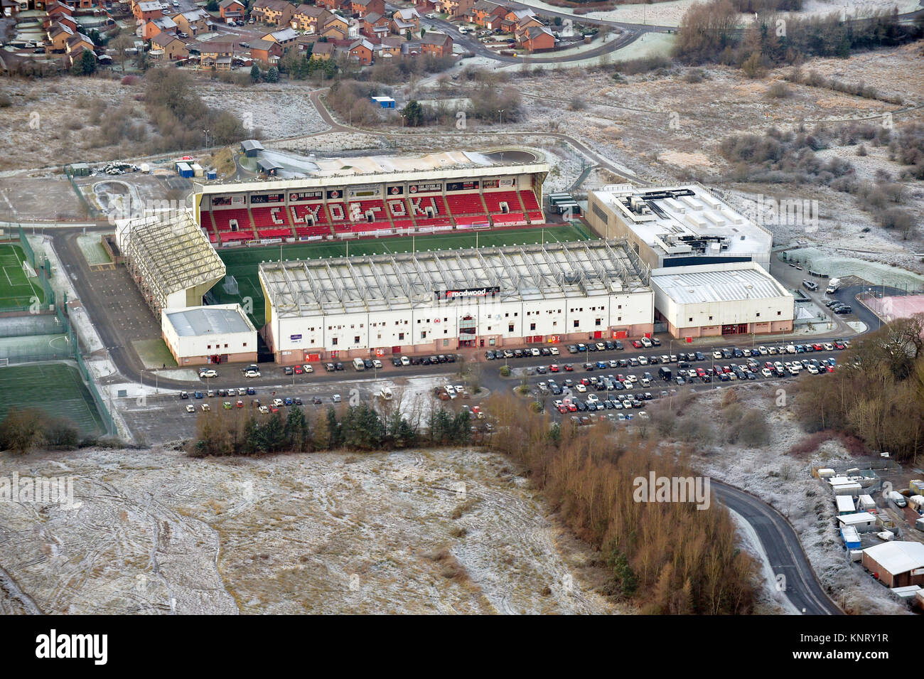 Vue aérienne de Broadwood Stadium, Cumbernauld accueil de Clyde Football Club Banque D'Images