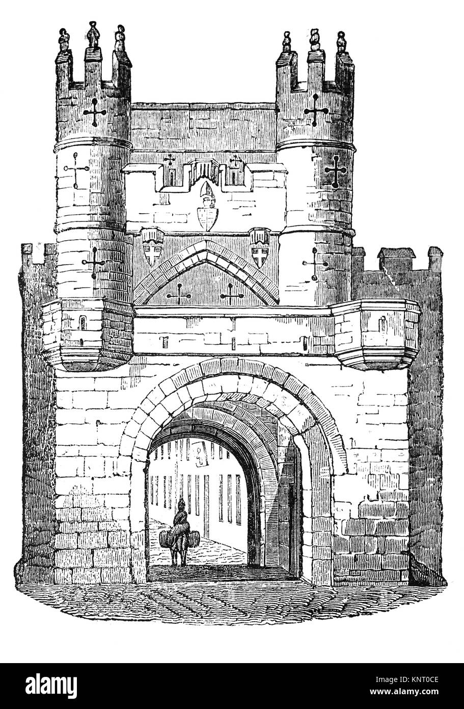 Monk Bar est la plus grande et plus décorés des bars de ville de New York, il date du début du 14ème siècle. C'était une forteresse, avec chaque étage capable d'être défendus. Sur l'avant de la barre est un arc soutenant une galerie, y compris "meurtre-trous par lesquels des missiles et l'ébullition de l'eau peut être déversée sur les attaquants. Le Barbican à l'avant a été démoli en 1825. Yorkshire, Angleterre Banque D'Images