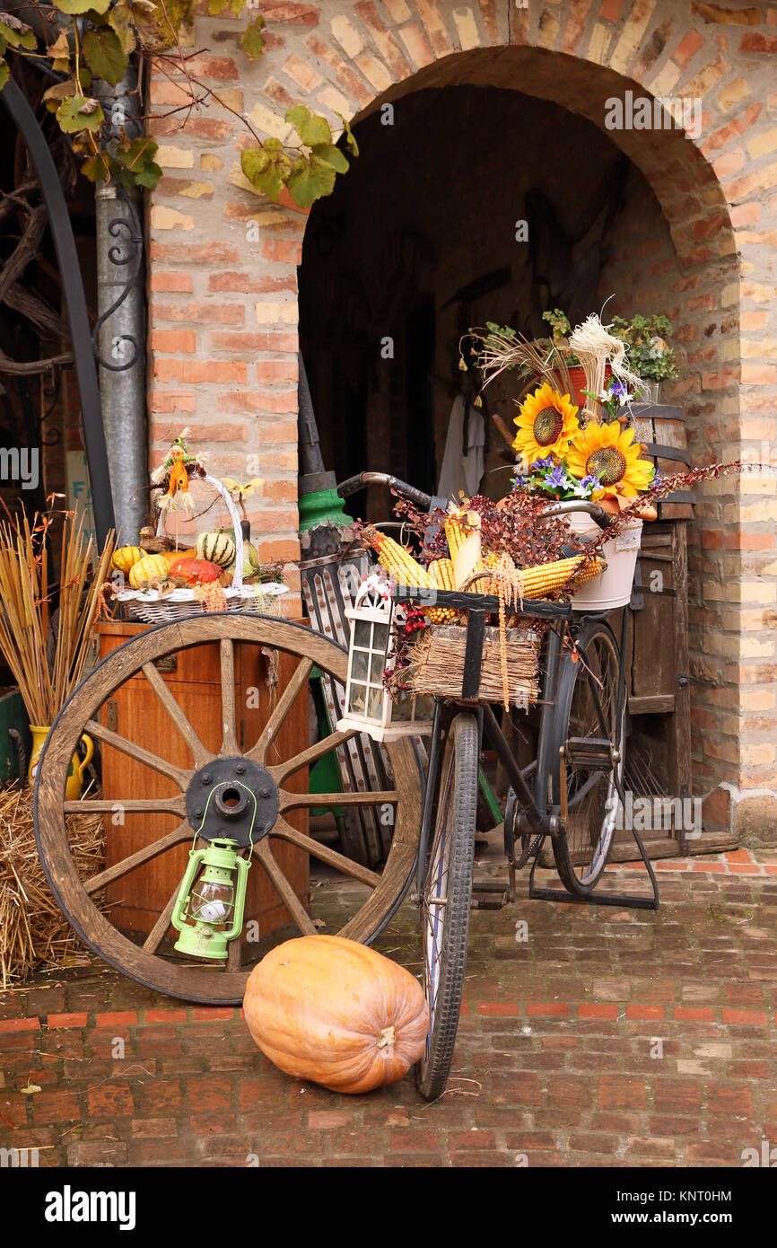 Cour de ferme avec les vieux trucs saison d'automne Banque D'Images