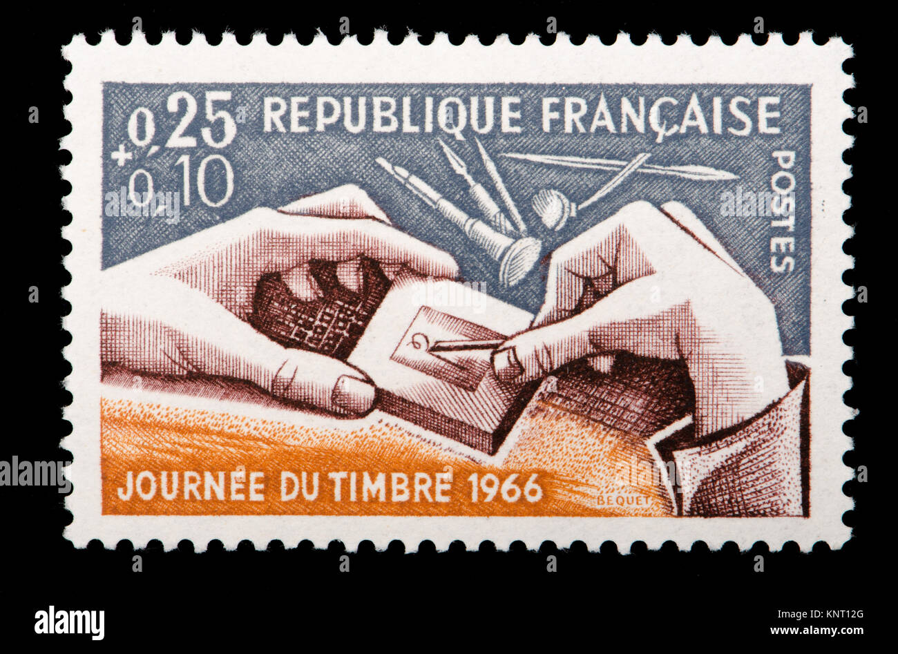 Timbre-poste français (1966) : Journee du Timbre / Jour de la Stamp 1966 - graveur au travail Banque D'Images