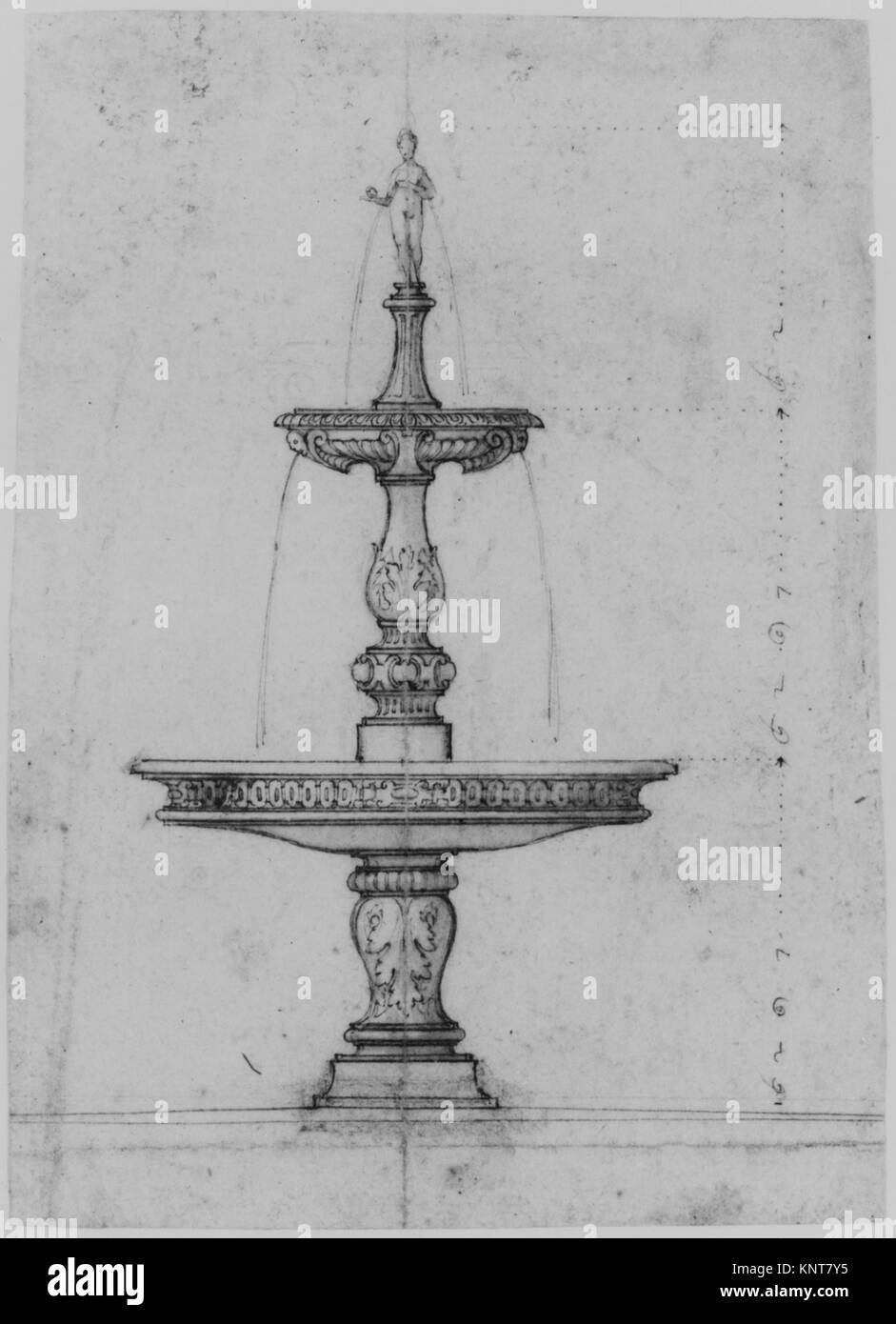 Croquis détaillé d'une fontaine de table, montrant la structure, les bassins d'eau et les éléments décoratifs, destinés à un usage ornemental intérieur. Banque D'Images